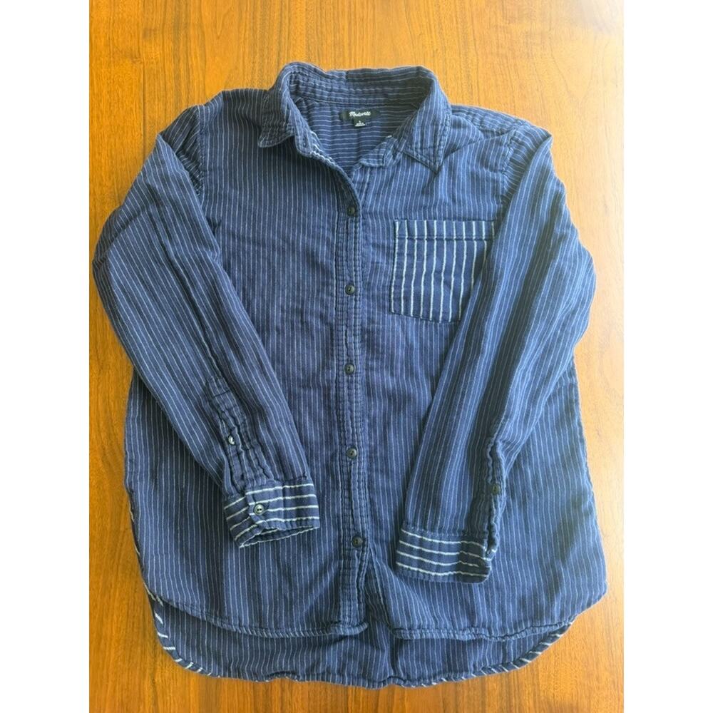 Madewell Women's Blue Striped Button-Down - Size L